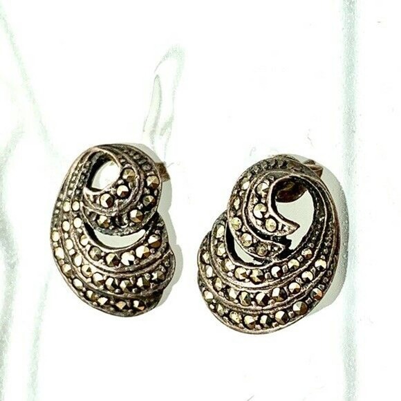 Pave Marcasite 925 Sterling Silver Spiral Wave Earrings Pierced Shell Geometric - Picture 1 of 9